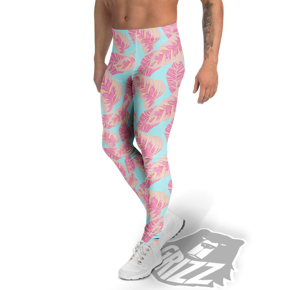 Tropical Leaf Pink And Teal Print Pattern Men's Leggings-grizzshop