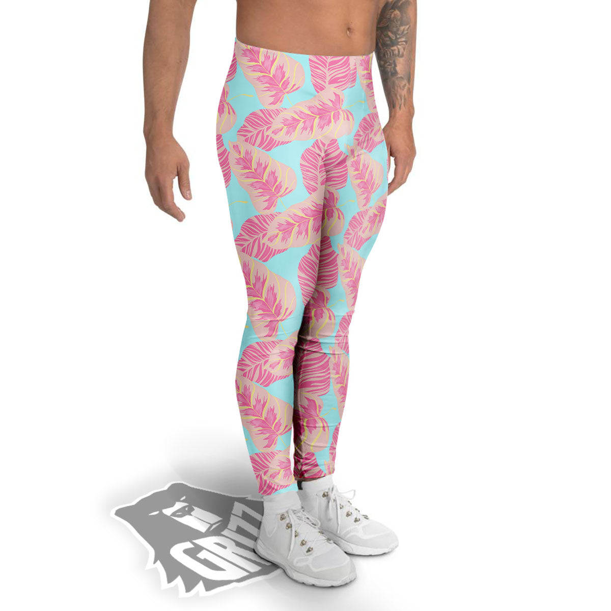 Tropical Leaf Pink And Teal Print Pattern Men's Leggings-grizzshop