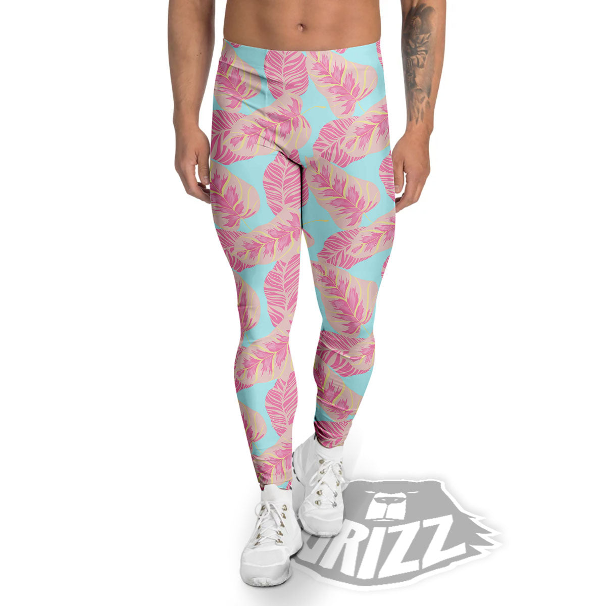 Tropical Leaf Pink And Teal Print Pattern Men's Leggings-grizzshop