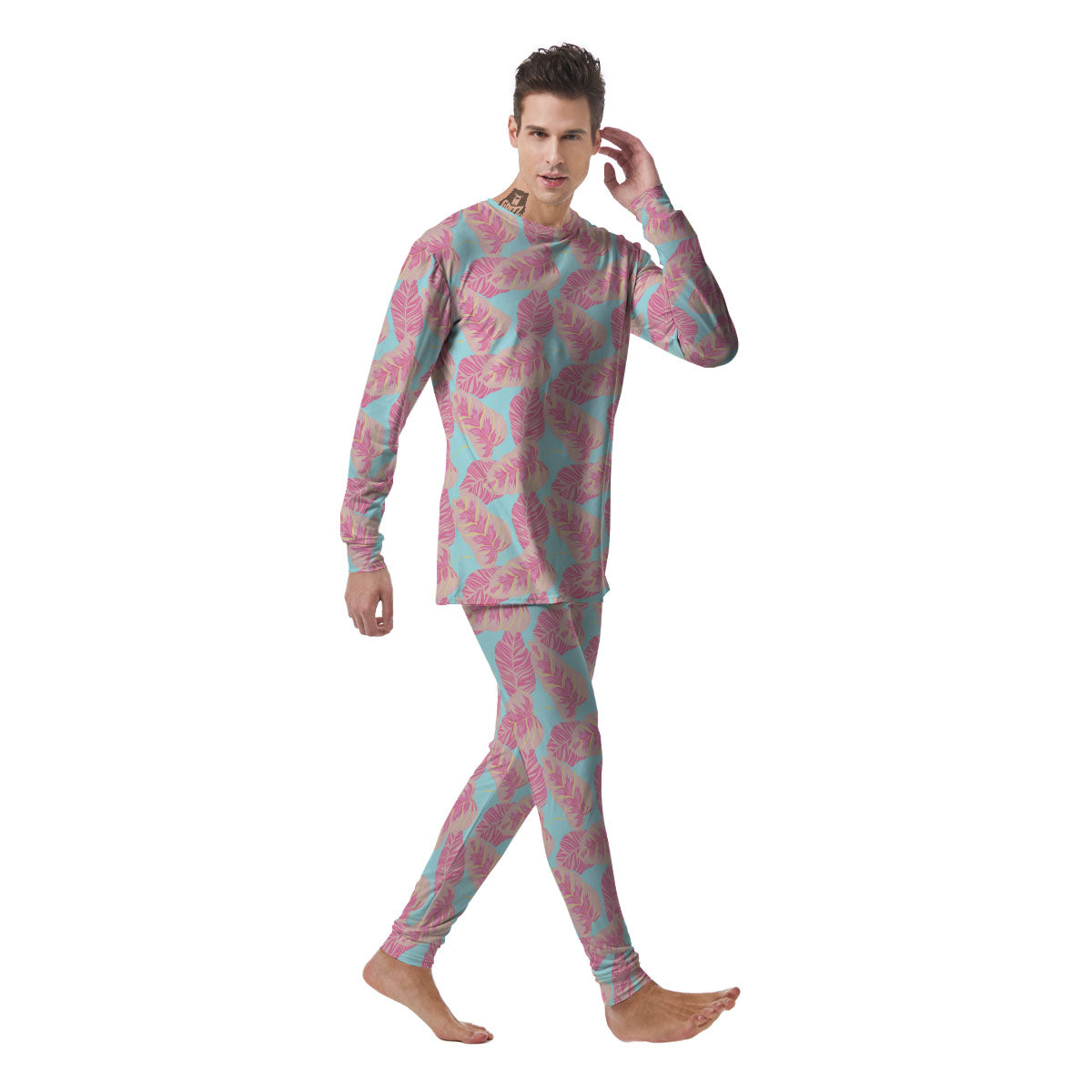 Tropical Leaf Pink And Teal Print Pattern Men's Pajamas-grizzshop