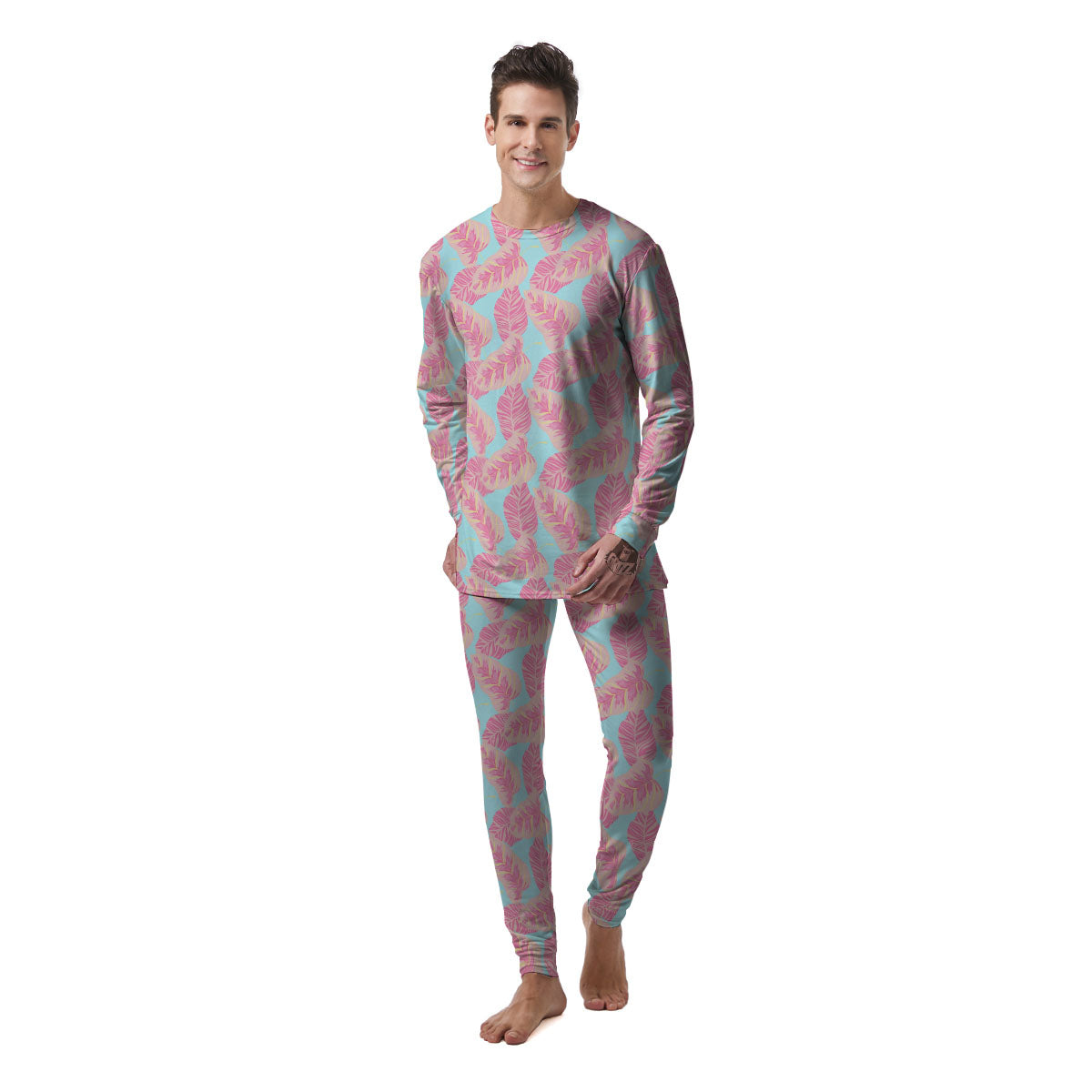 Tropical Leaf Pink And Teal Print Pattern Men's Pajamas-grizzshop