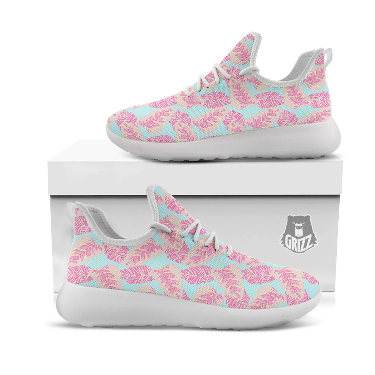 Tropical Leaf Pink And Teal Print Pattern White Athletic Shoes-grizzshop