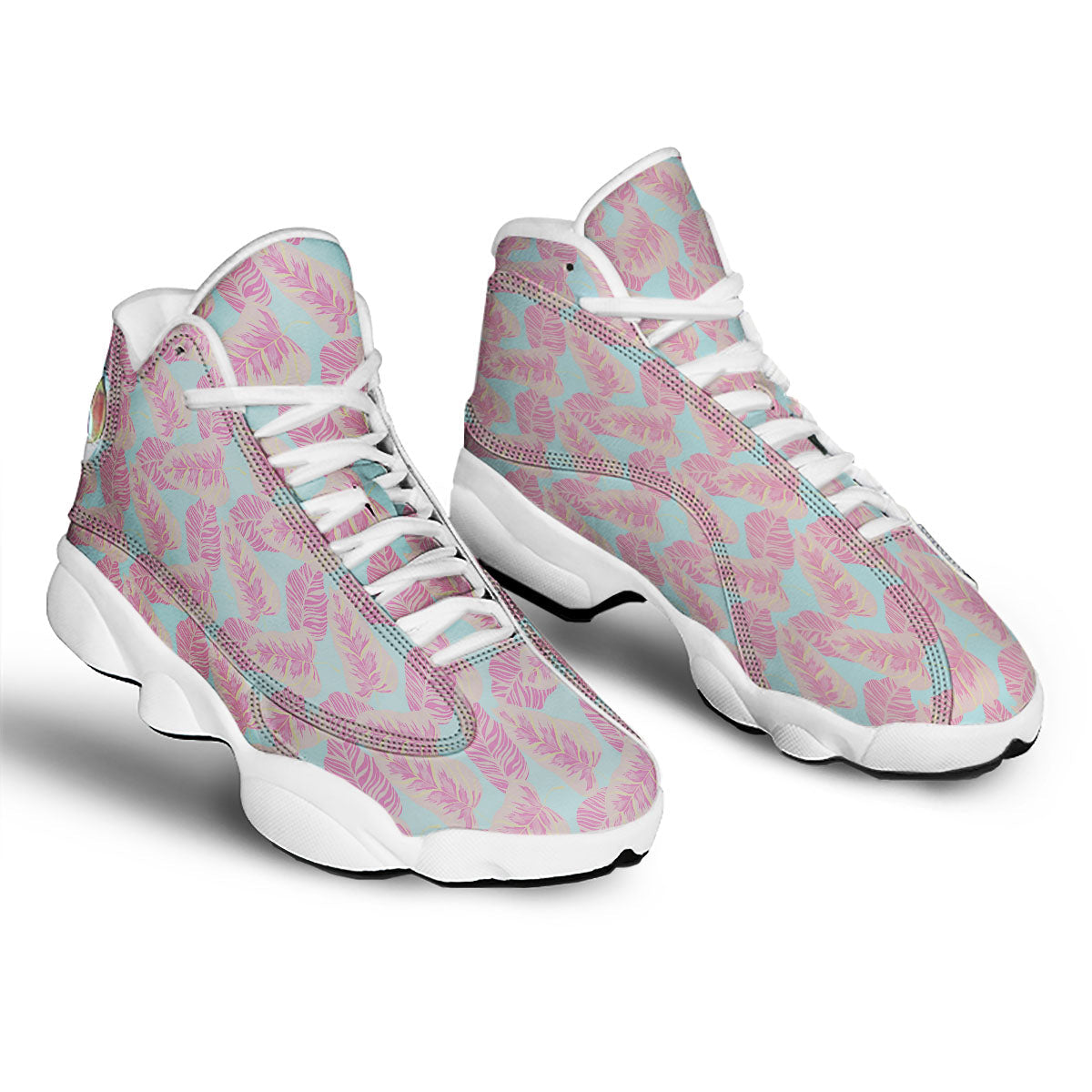 Tropical Leaf Pink And Teal Print Pattern White Basketball Shoes-grizzshop