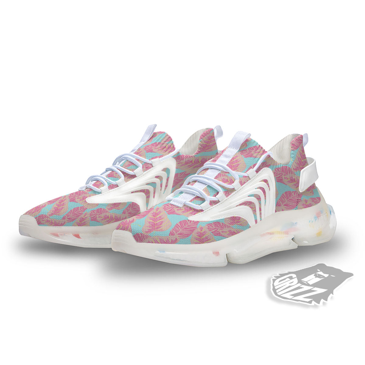 Tropical Leaf Pink And Teal Print Pattern White Gym Shoes-grizzshop