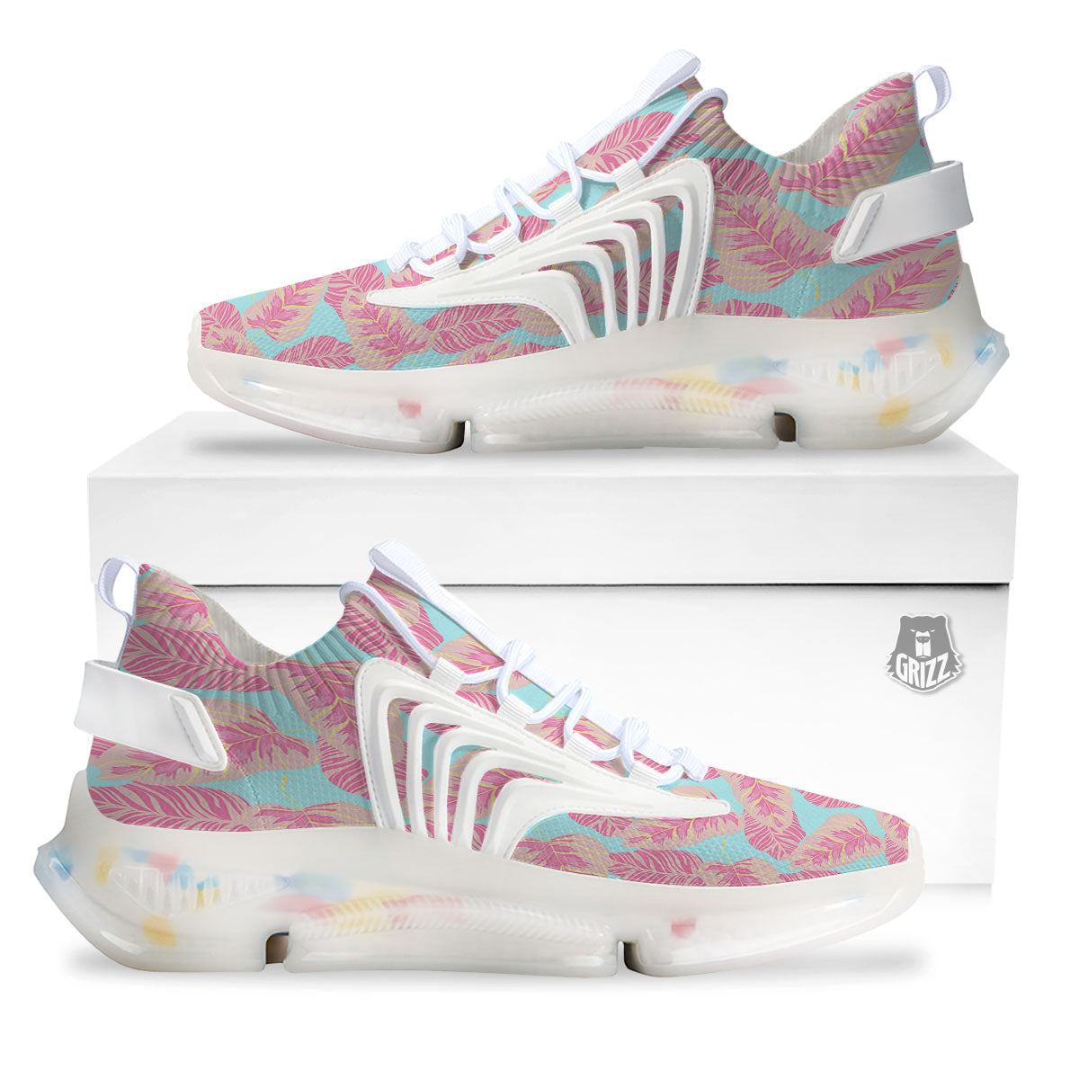 Tropical Leaf Pink And Teal Print Pattern White Gym Shoes-grizzshop