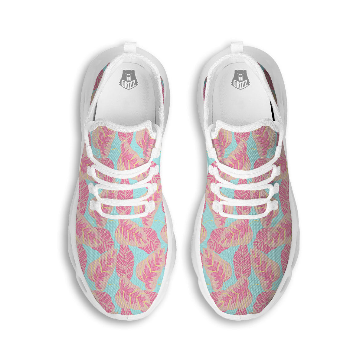 Tropical Leaf Pink And Teal Print Pattern White Running Shoes-grizzshop