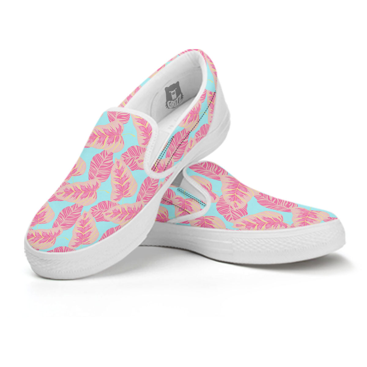 Tropical Leaf Pink And Teal Print Pattern White Slip On Shoes-grizzshop