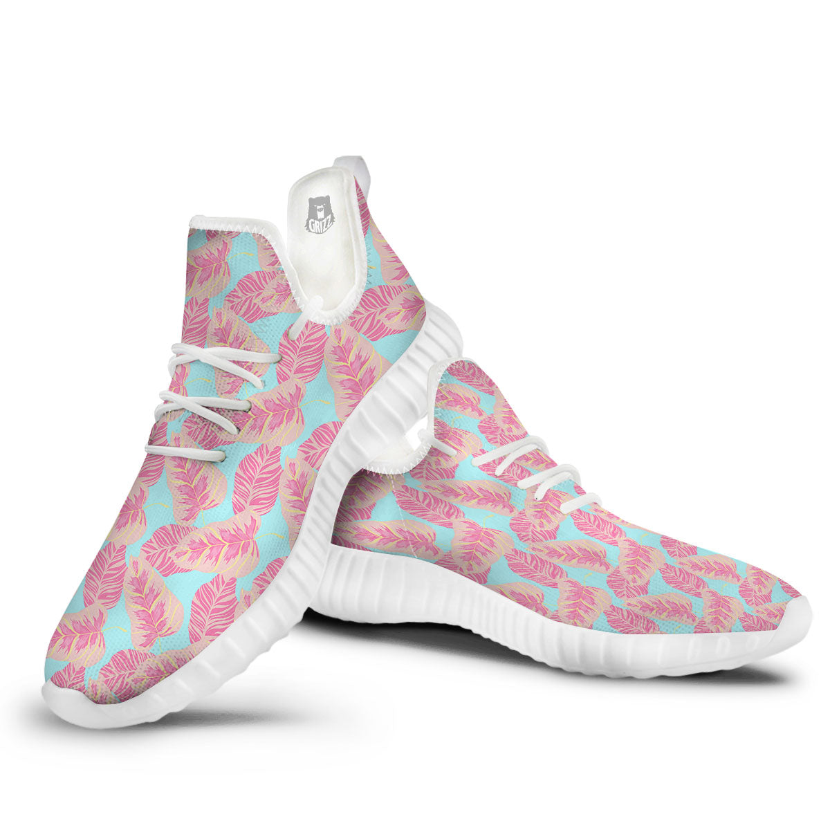 Tropical Leaf Pink And Teal Print Pattern White Walking Shoes-grizzshop