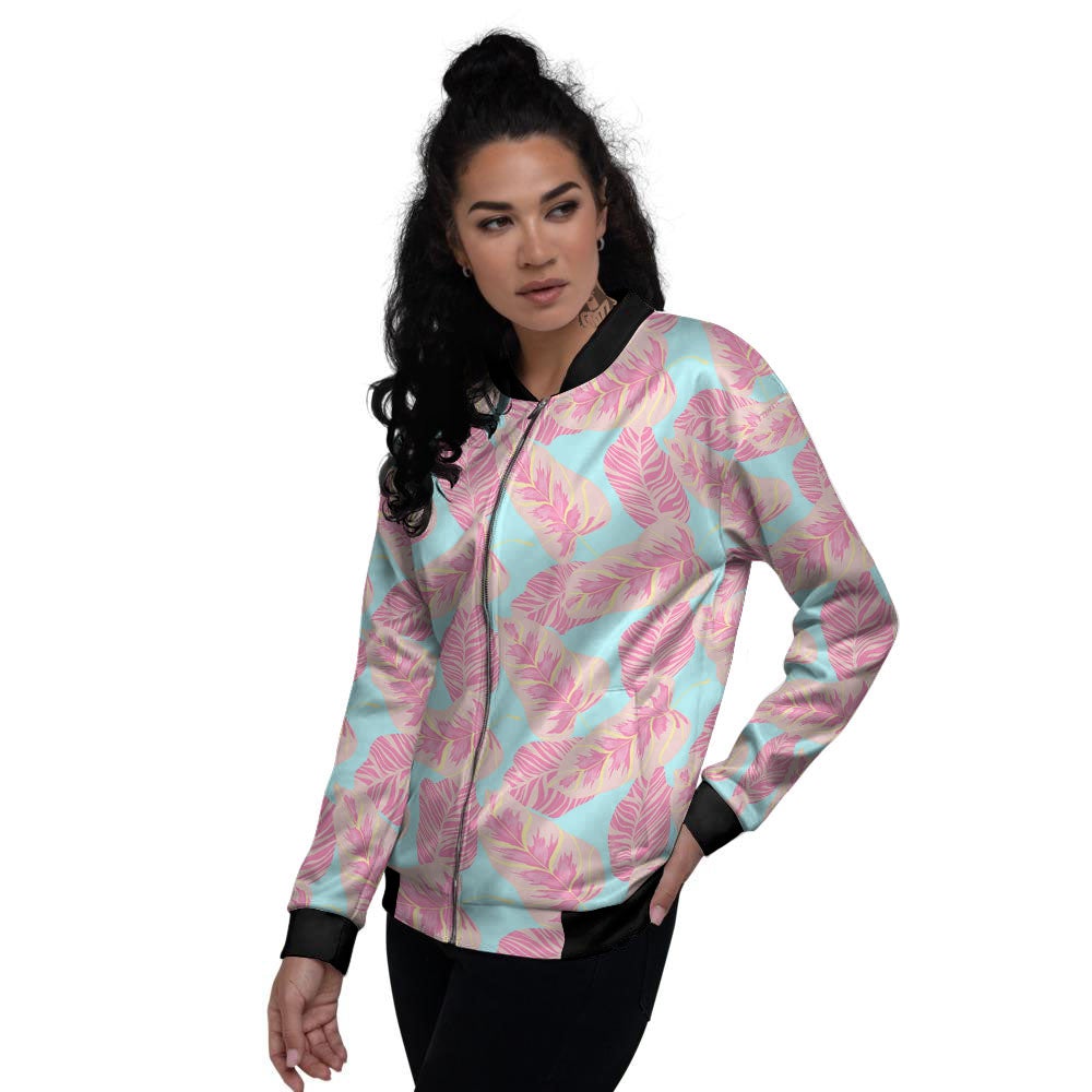 Tropical Leaf Pink And Teal Print Pattern Women's Bomber Jacket-grizzshop