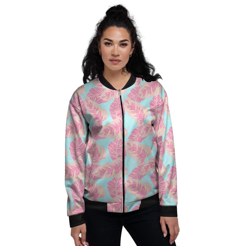 Tropical Leaf Pink And Teal Print Pattern Women's Bomber Jacket-grizzshop