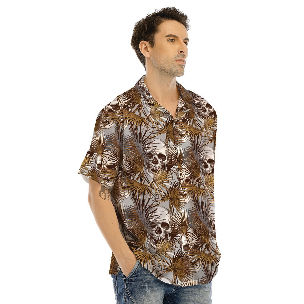 Tropical Leaf Skull Men’s Hawaiian Shirt-grizzshop