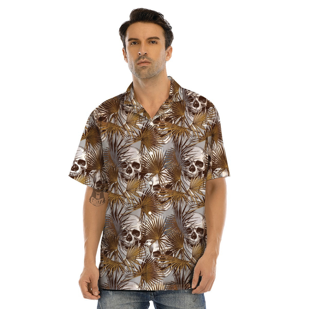 Tropical Leaf Skull Men’s Hawaiian Shirt-grizzshop
