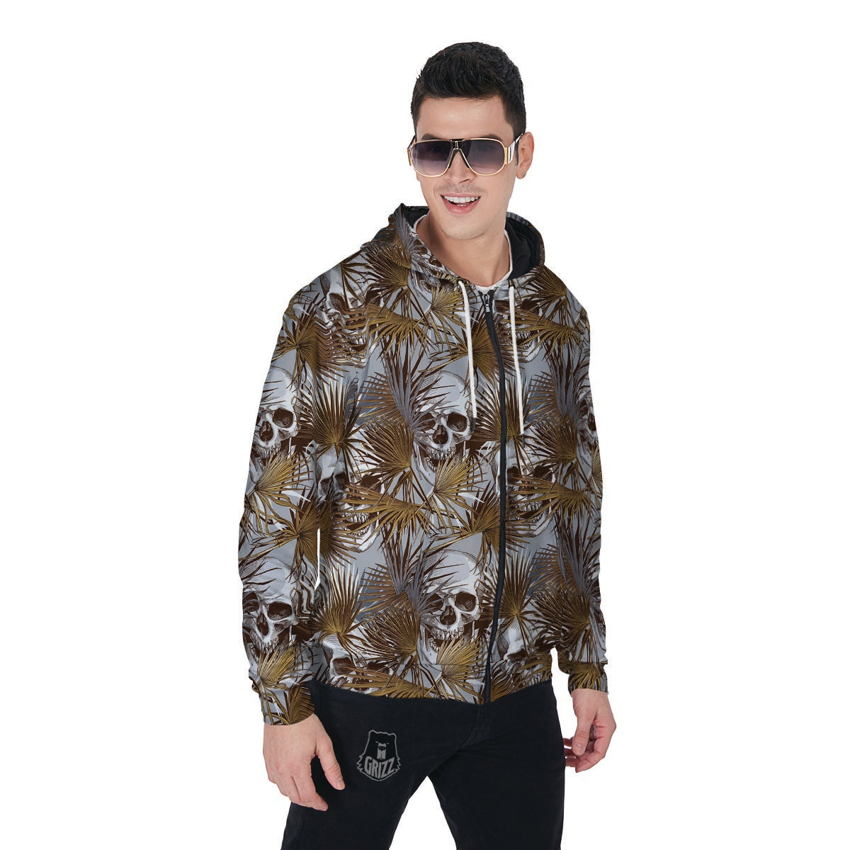 Tropical Leaf Skull Men's Zip Up Hoodie-grizzshop