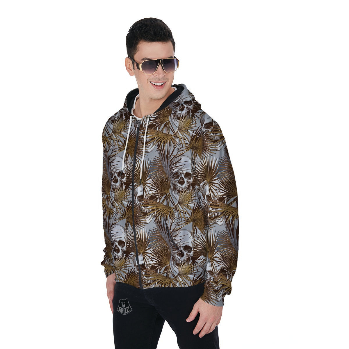 Tropical Leaf Skull Men's Zip Up Hoodie-grizzshop