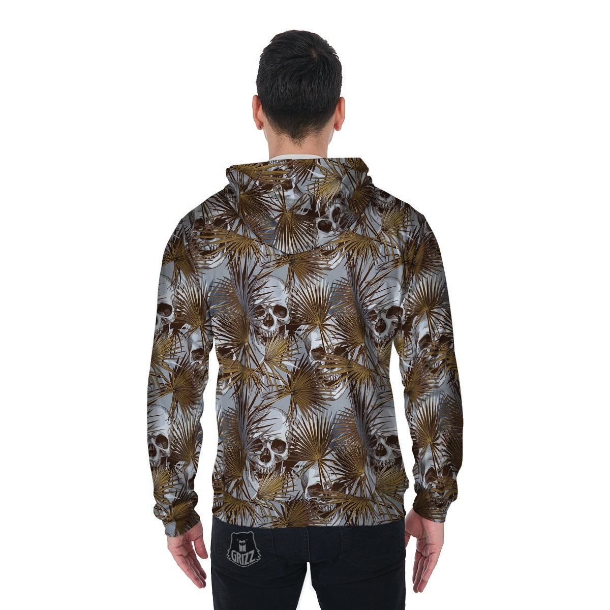 Tropical Leaf Skull Men's Zip Up Hoodie-grizzshop