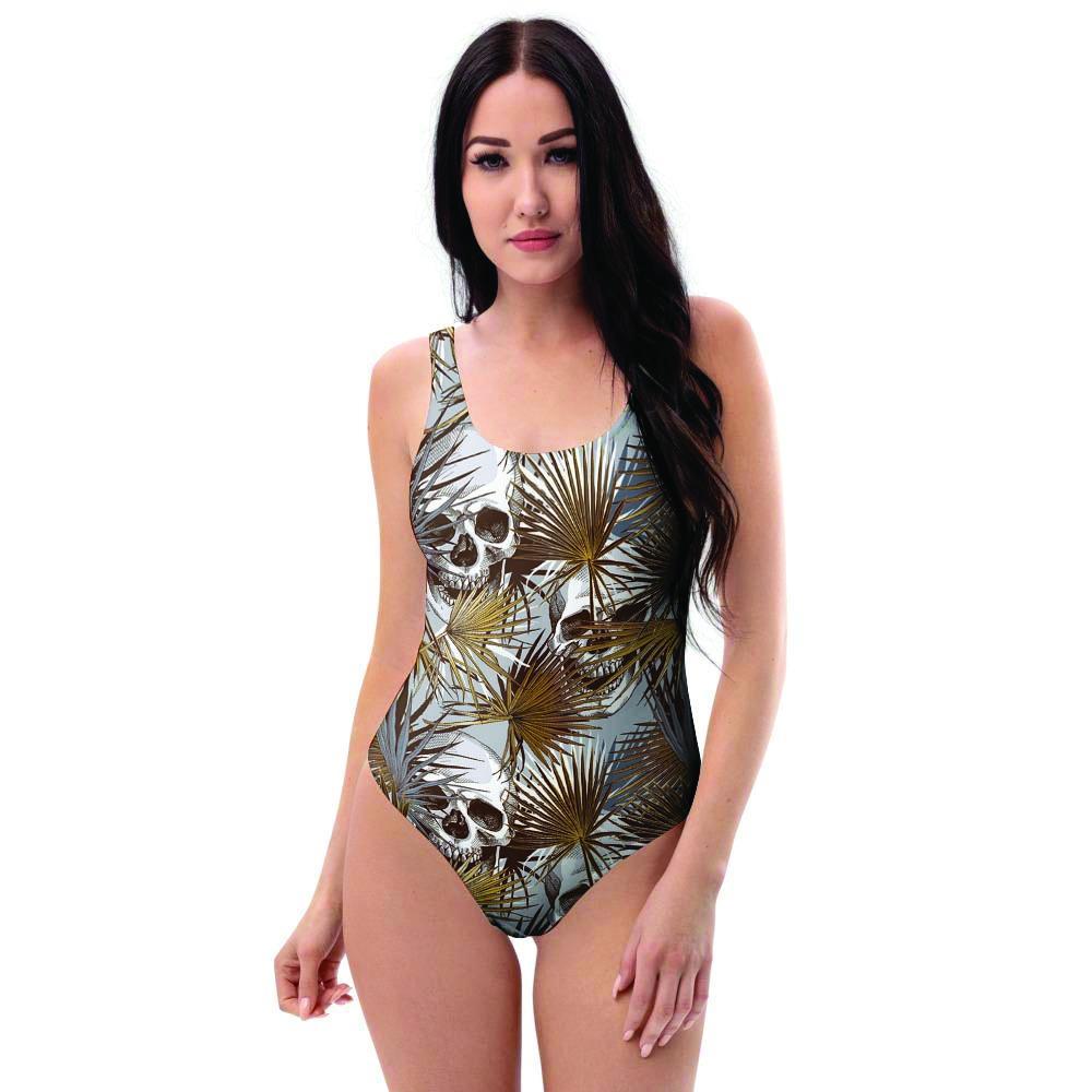 Tropical Leaf Skull One Piece Swimsuite-grizzshop