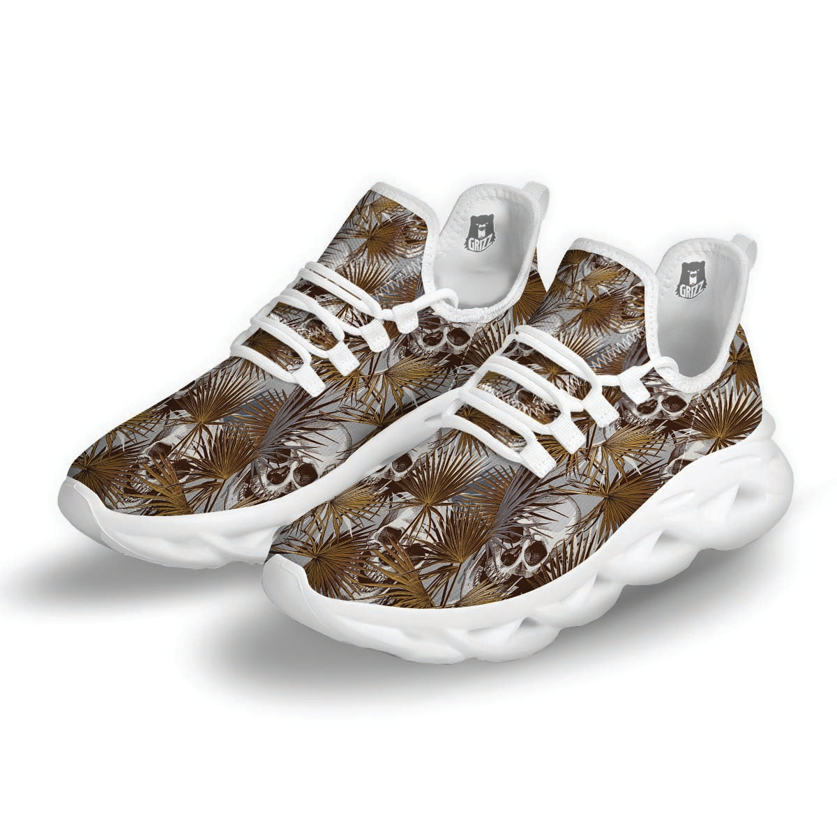 Tropical Leaf Skull White Running Shoes-grizzshop