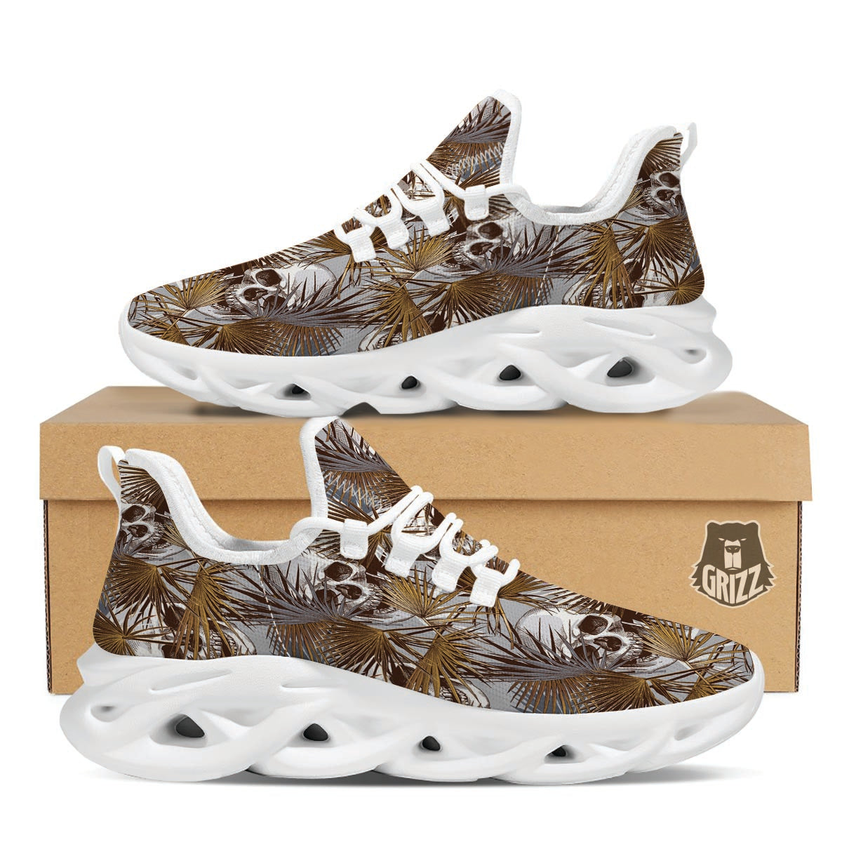 Tropical Leaf Skull White Running Shoes-grizzshop