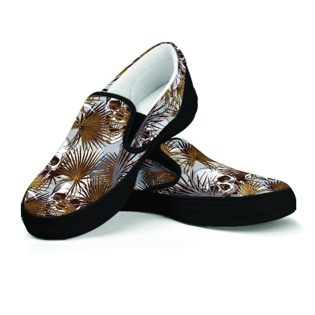 Tropical Leaf Skull Women's Slip On Sneakers-grizzshop