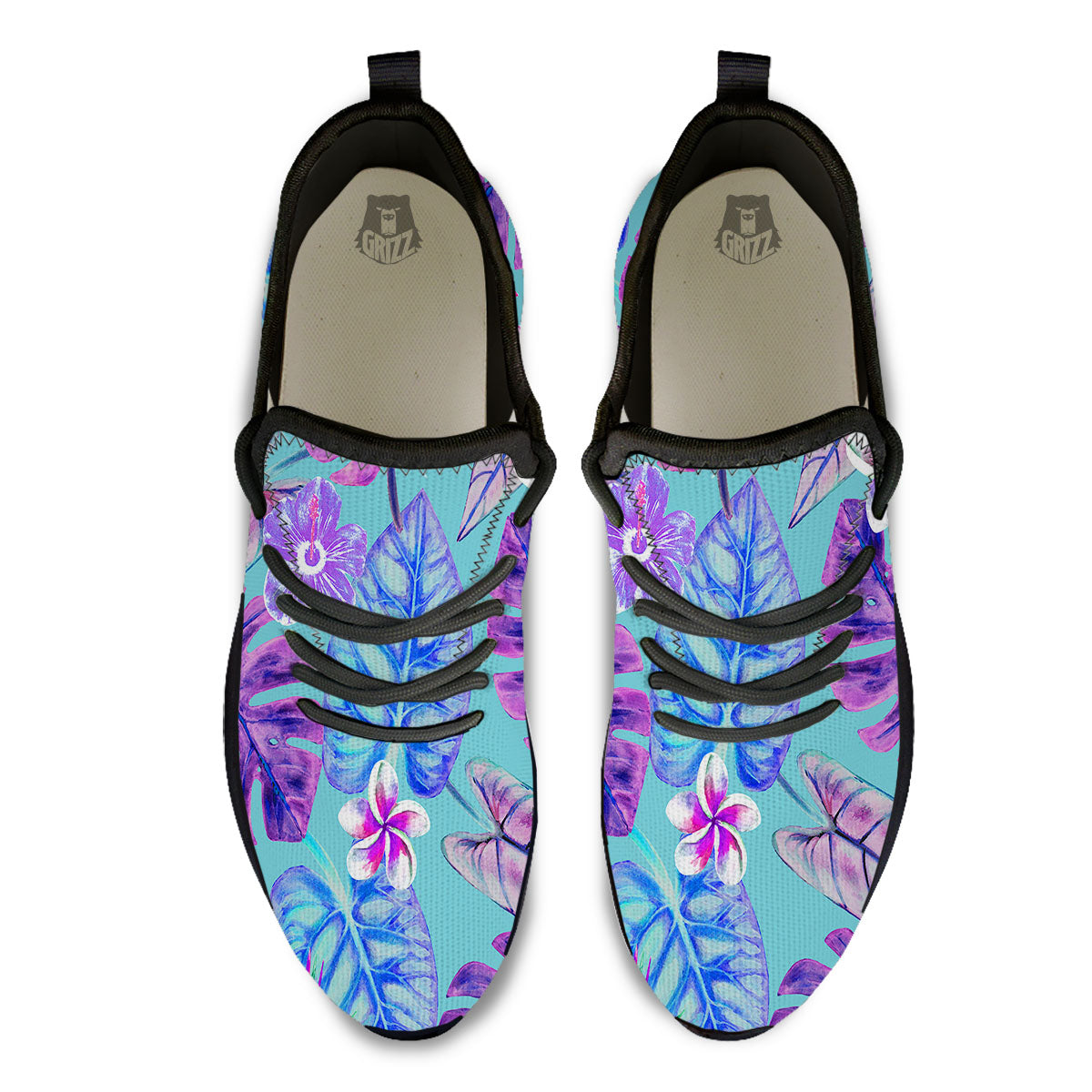 Tropical Leaf Teal And Purple Print Black Athletic Shoes-grizzshop