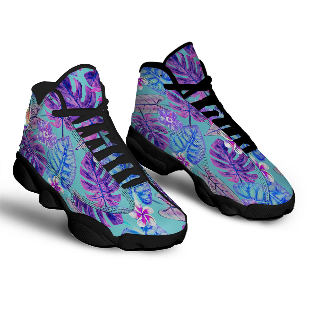 Tropical Leaf Teal And Purple Print Black Basketball Shoes-grizzshop
