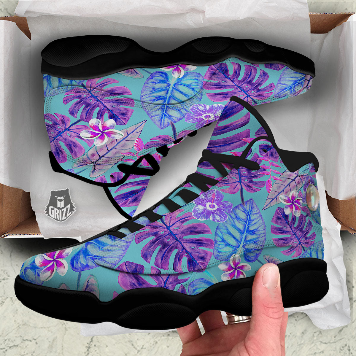 Tropical Leaf Teal And Purple Print Black Basketball Shoes-grizzshop