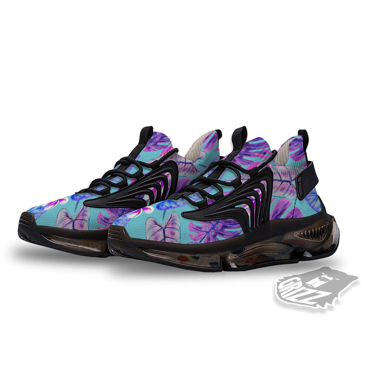 Tropical Leaf Teal And Purple Print Black Gym Shoes-grizzshop