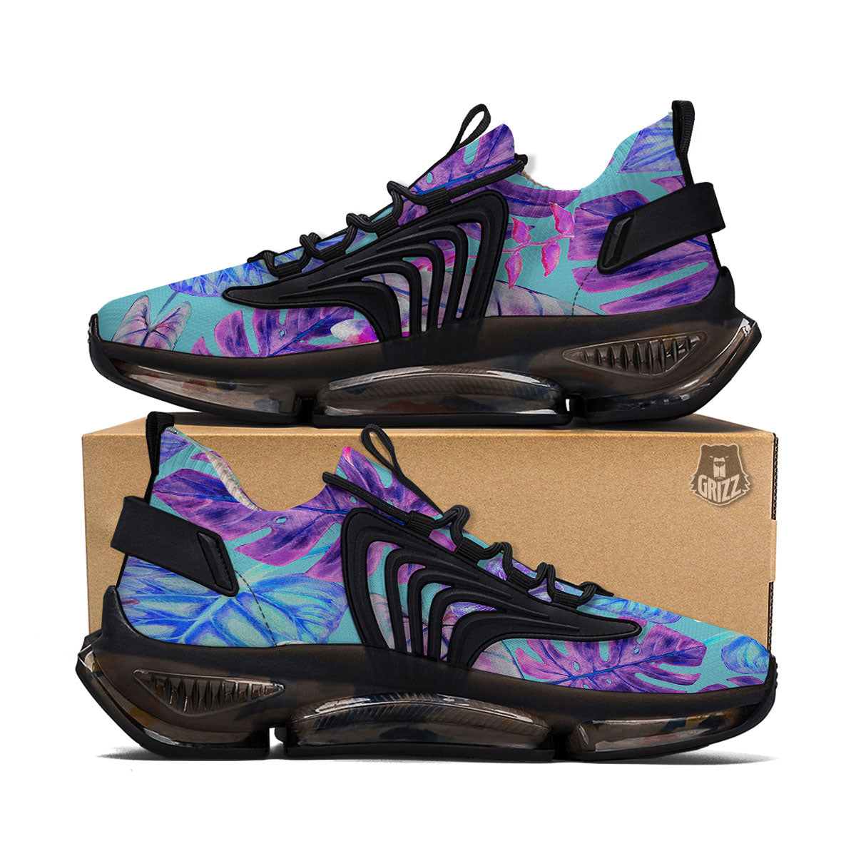 Tropical Leaf Teal And Purple Print Black Gym Shoes-grizzshop