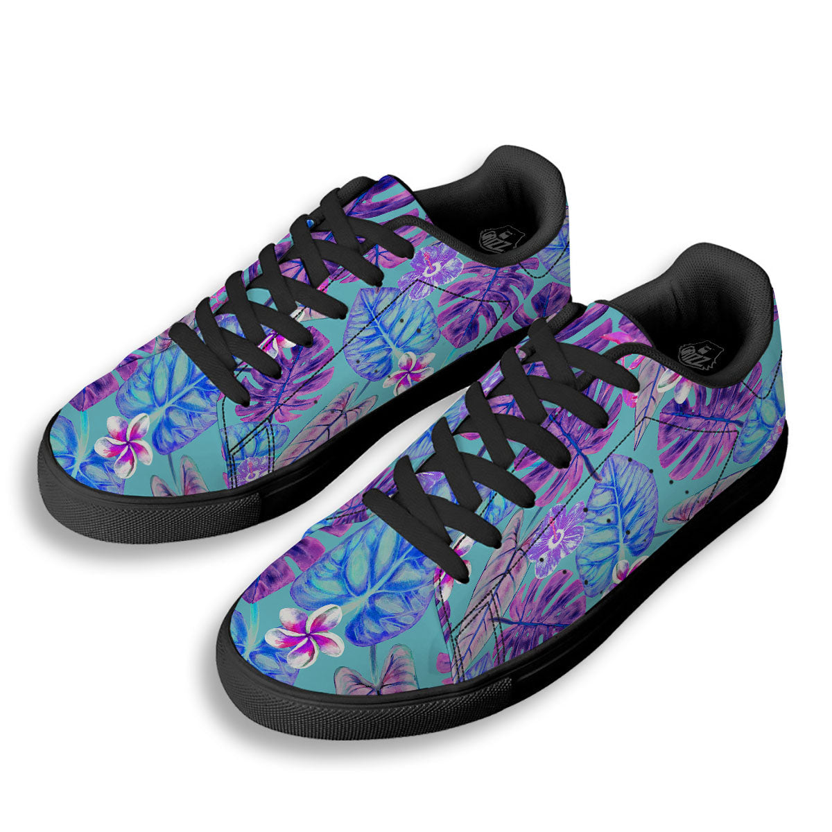 Tropical Leaf Teal And Purple Print Black Low Top Sneakers-grizzshop