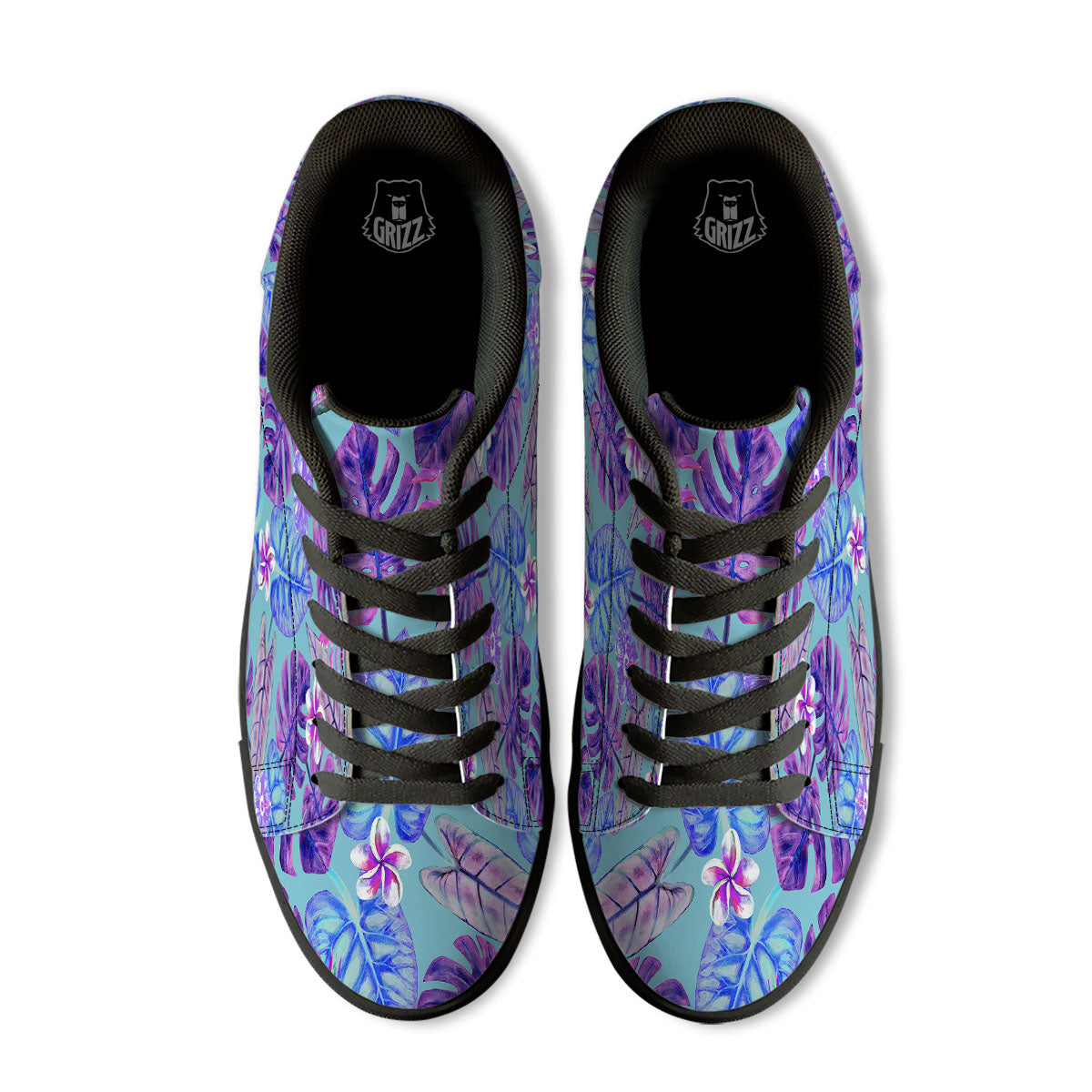 Tropical Leaf Teal And Purple Print Black Low Top Sneakers-grizzshop