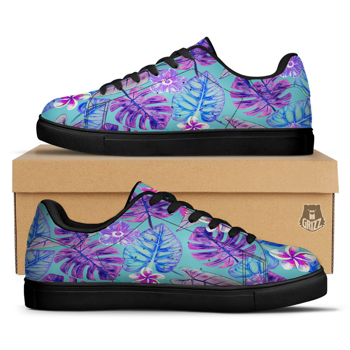 Tropical Leaf Teal And Purple Print Black Low Top Sneakers-grizzshop