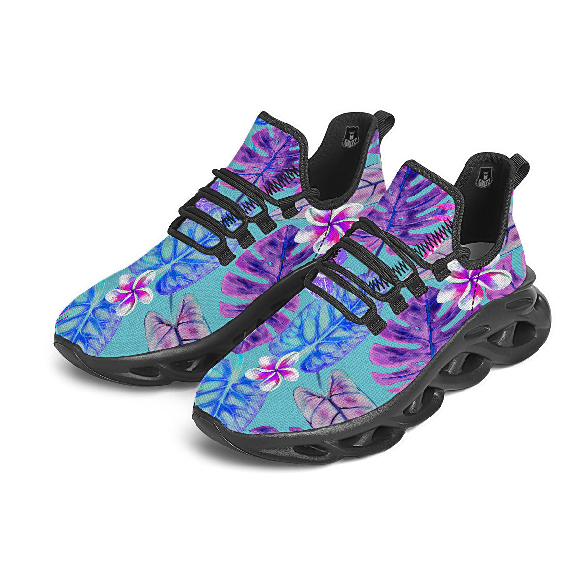 Tropical Leaf Teal And Purple Print Black Running Shoes-grizzshop