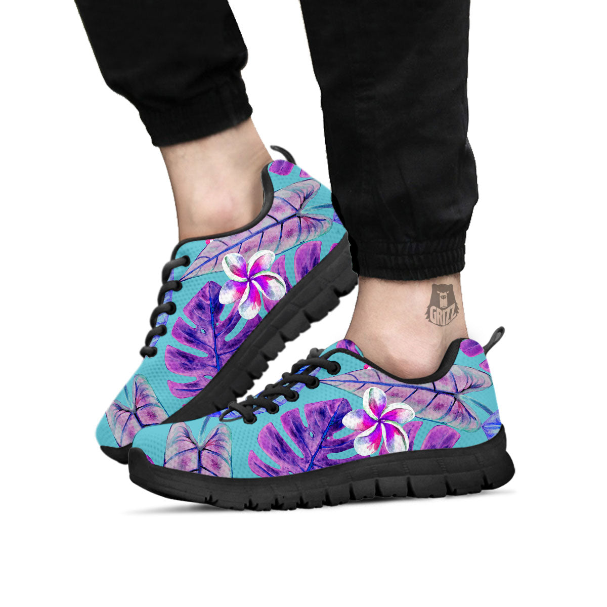 Tropical Leaf Teal And Purple Print Black Sneaker-grizzshop