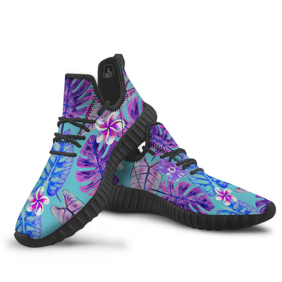 Tropical Leaf Teal And Purple Print Black Walking Shoes-grizzshop