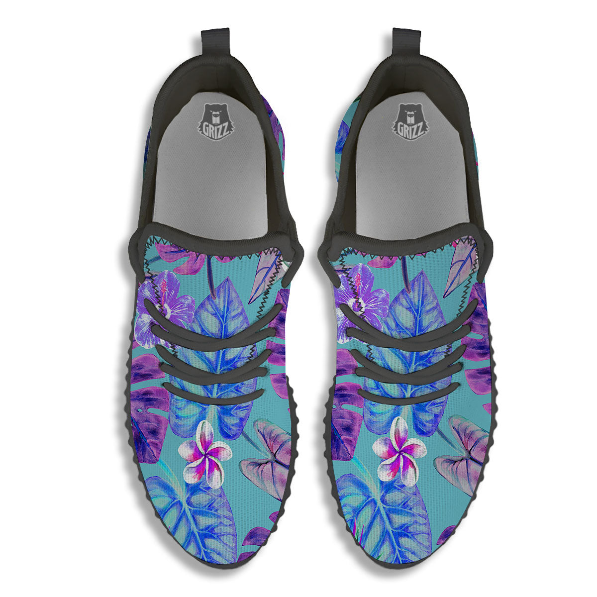Tropical Leaf Teal And Purple Print Black Walking Shoes-grizzshop