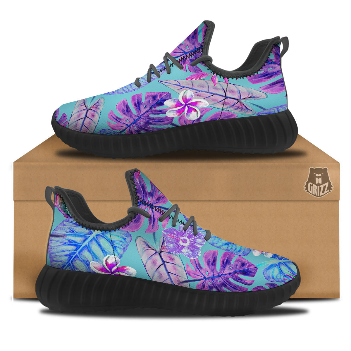 Tropical Leaf Teal And Purple Print Black Walking Shoes-grizzshop