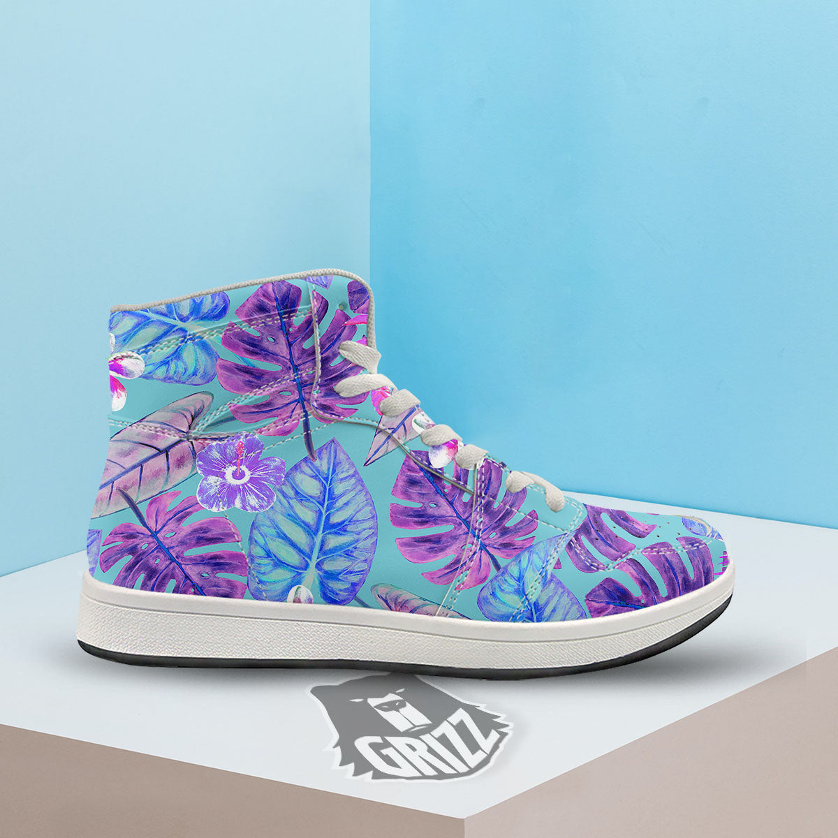 Tropical Leaf Teal And Purple Print High Top Sneakers-grizzshop