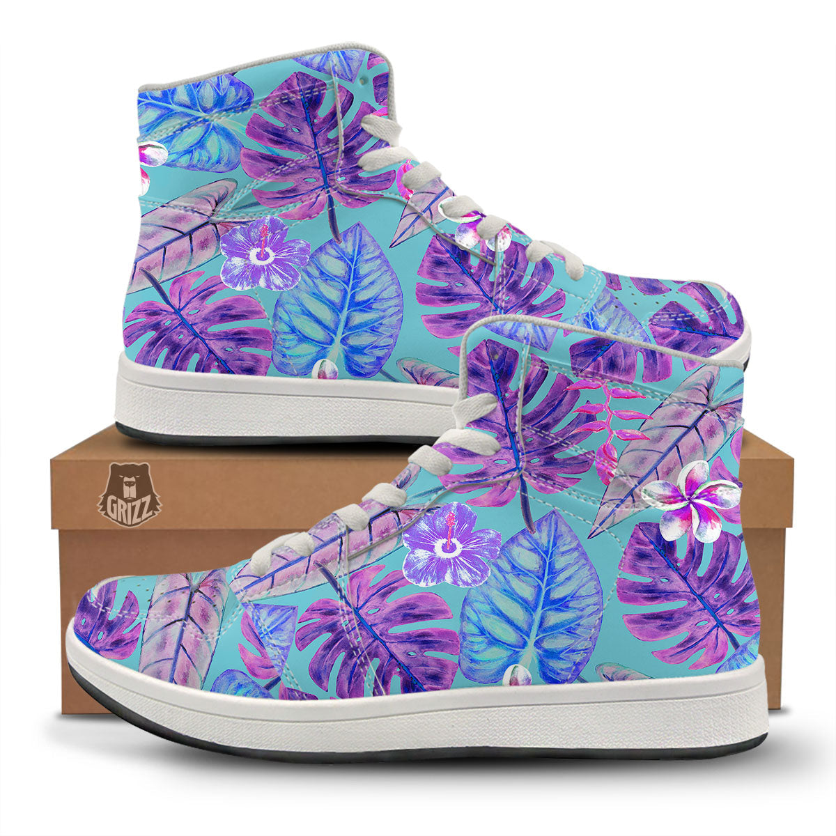 Tropical Leaf Teal And Purple Print High Top Sneakers-grizzshop