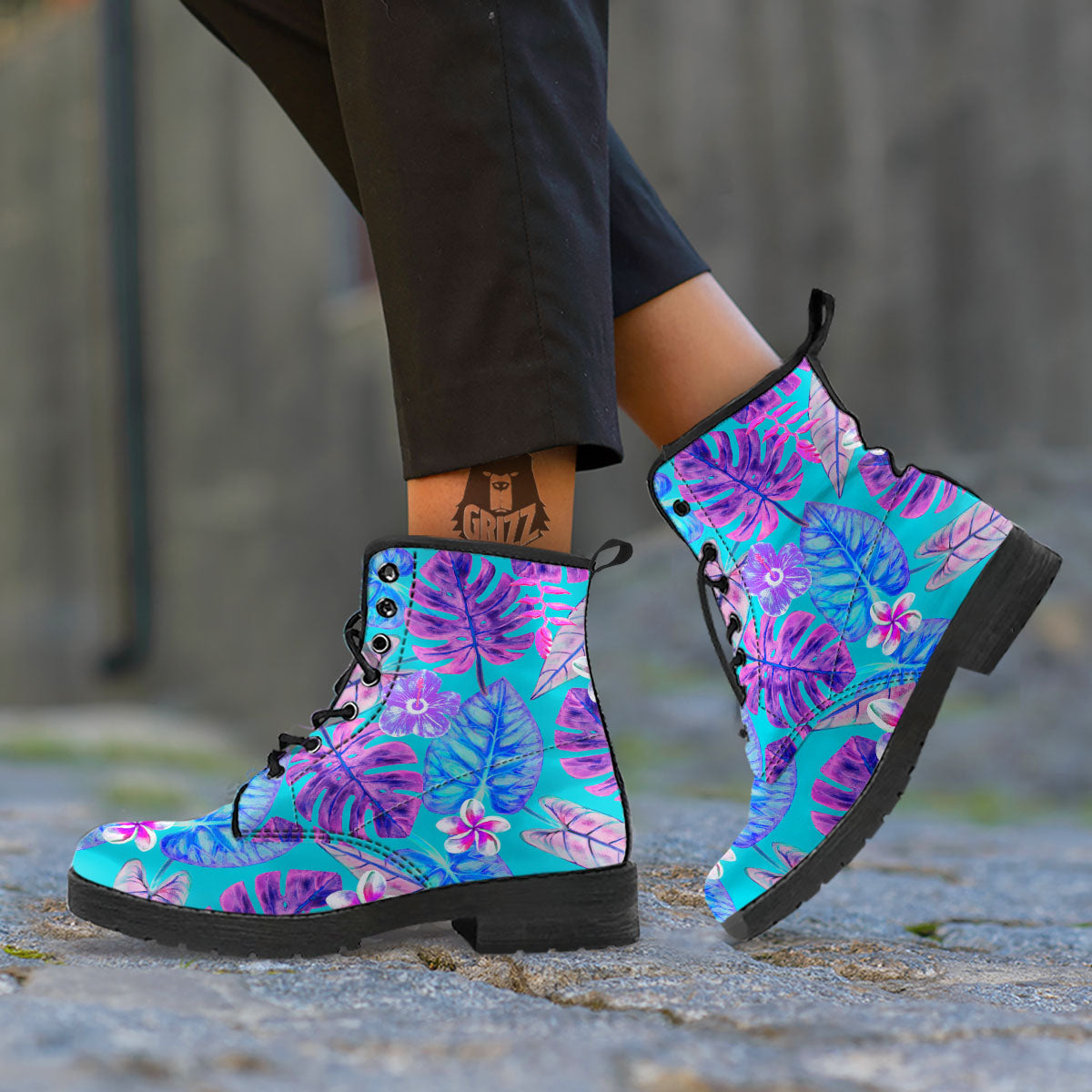 Tropical Leaf Teal And Purple Print Leather Boots-grizzshop