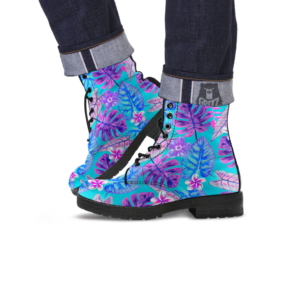 Tropical Leaf Teal And Purple Print Leather Boots-grizzshop