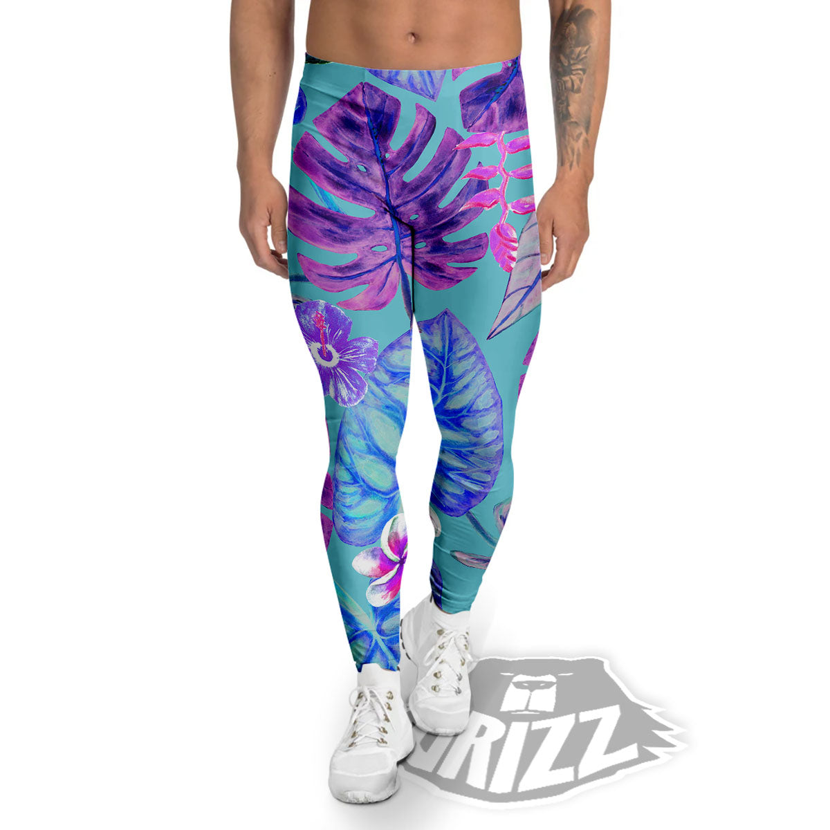 Tropical Leaf Teal And Purple Print Men's Leggings-grizzshop