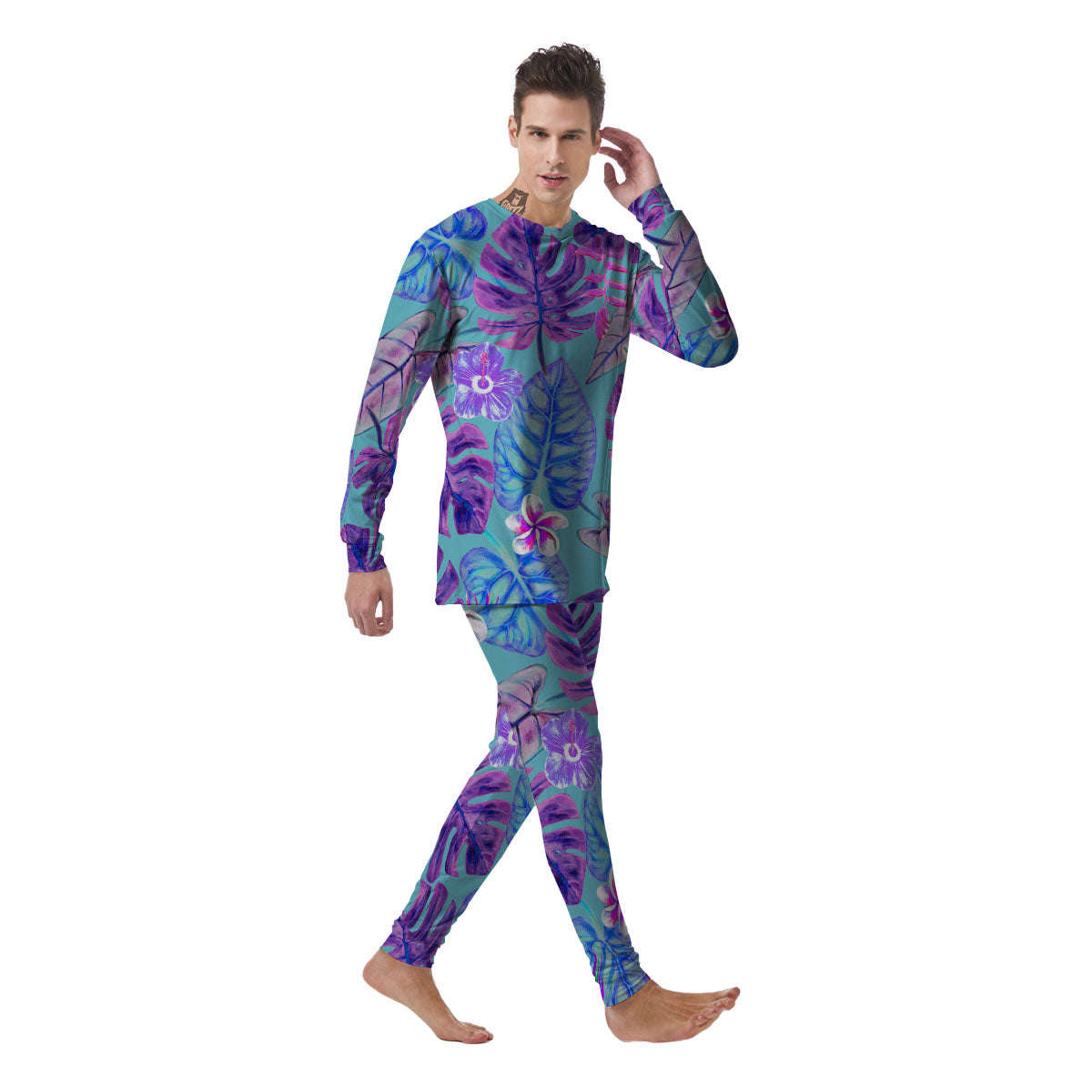 Tropical Leaf Teal And Purple Print Men's Pajamas-grizzshop