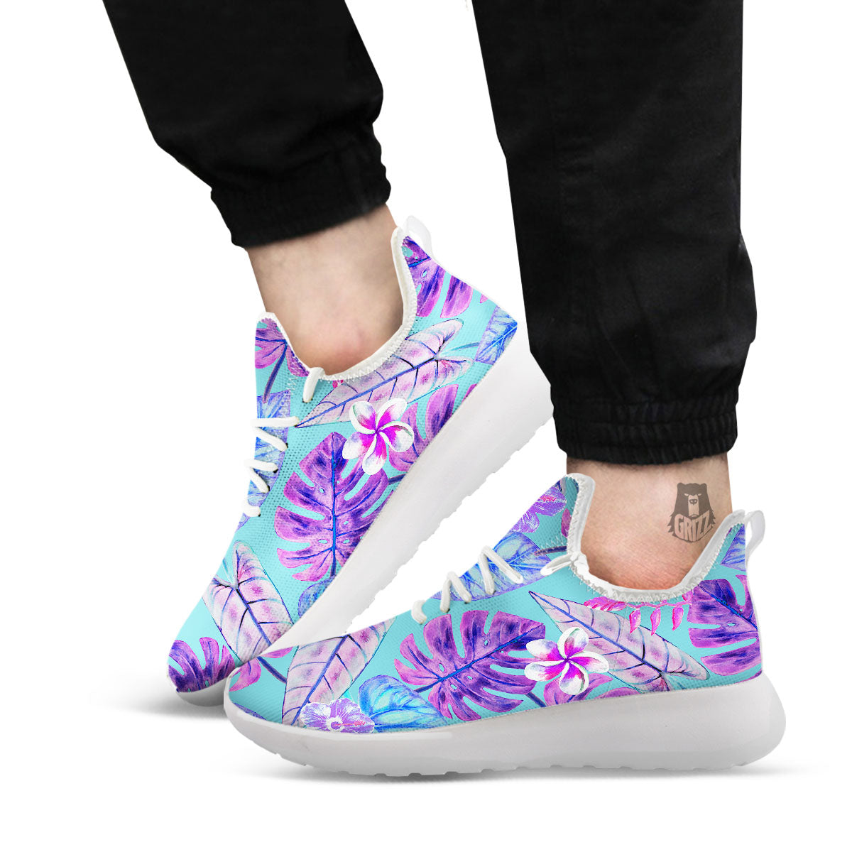 Tropical Leaf Teal And Purple Print White Athletic Shoes-grizzshop