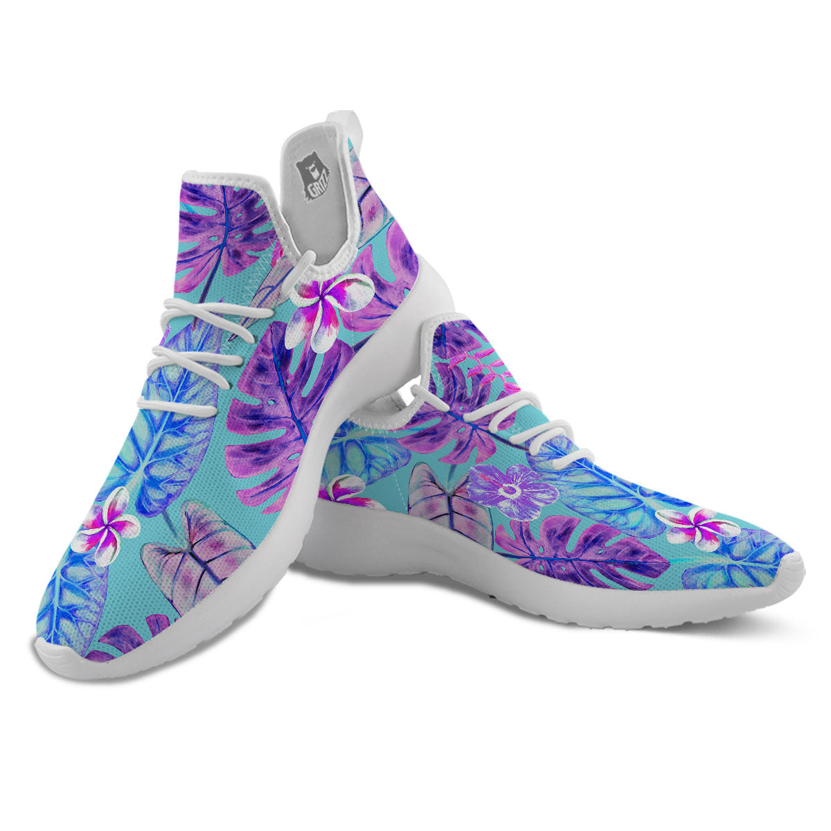 Tropical Leaf Teal And Purple Print White Athletic Shoes-grizzshop