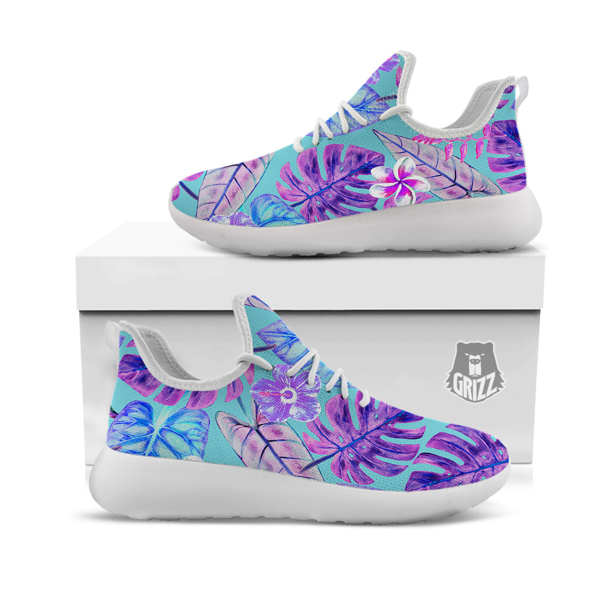 Tropical Leaf Teal And Purple Print White Athletic Shoes-grizzshop