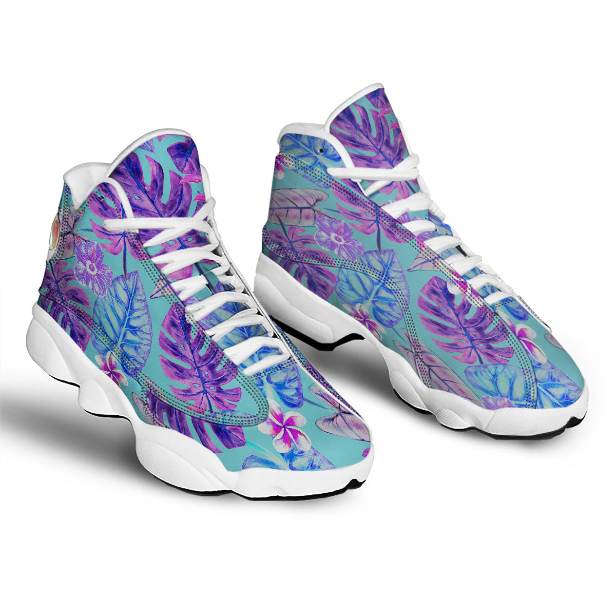 Tropical Leaf Teal And Purple Print White Basketball Shoes-grizzshop