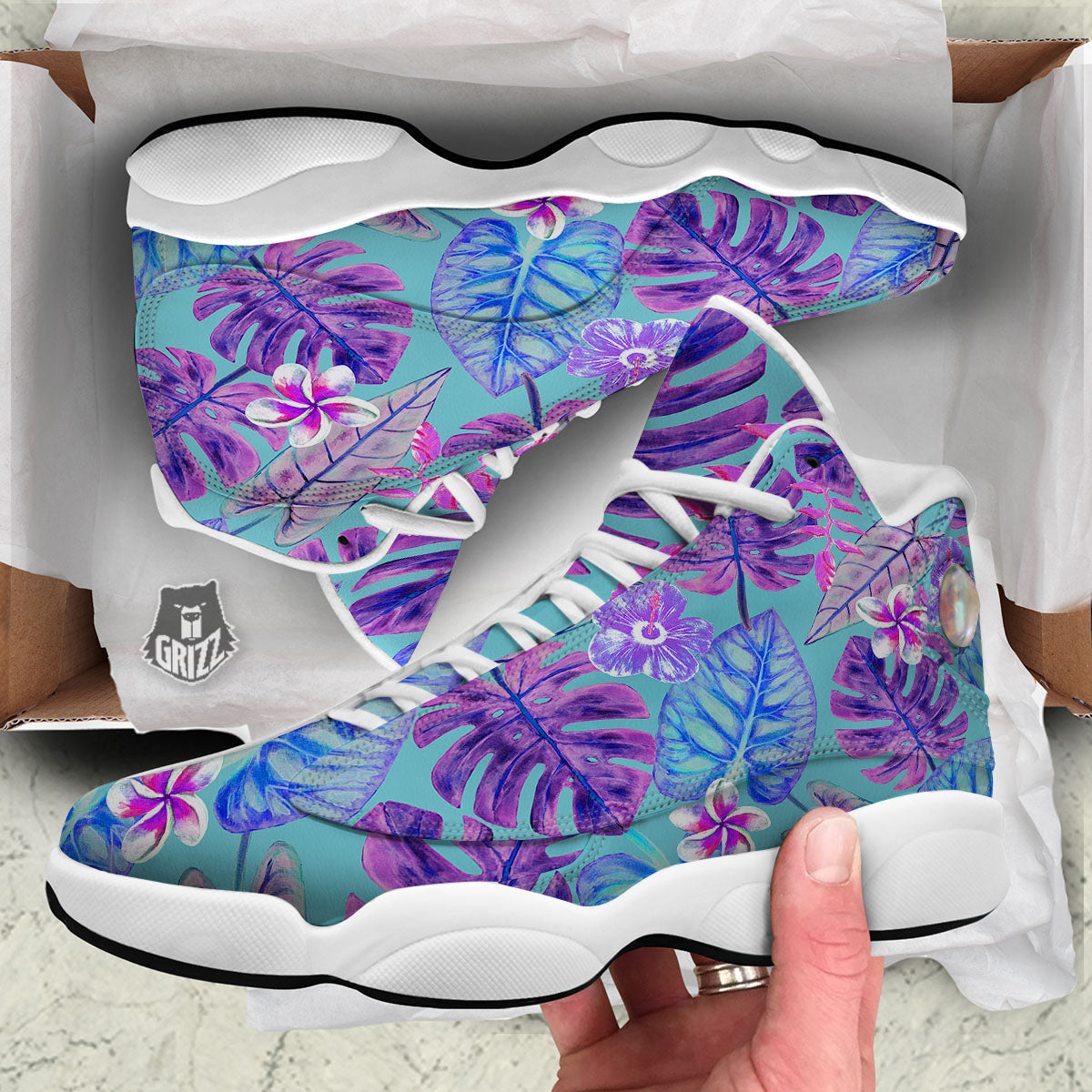 Tropical Leaf Teal And Purple Print White Basketball Shoes-grizzshop