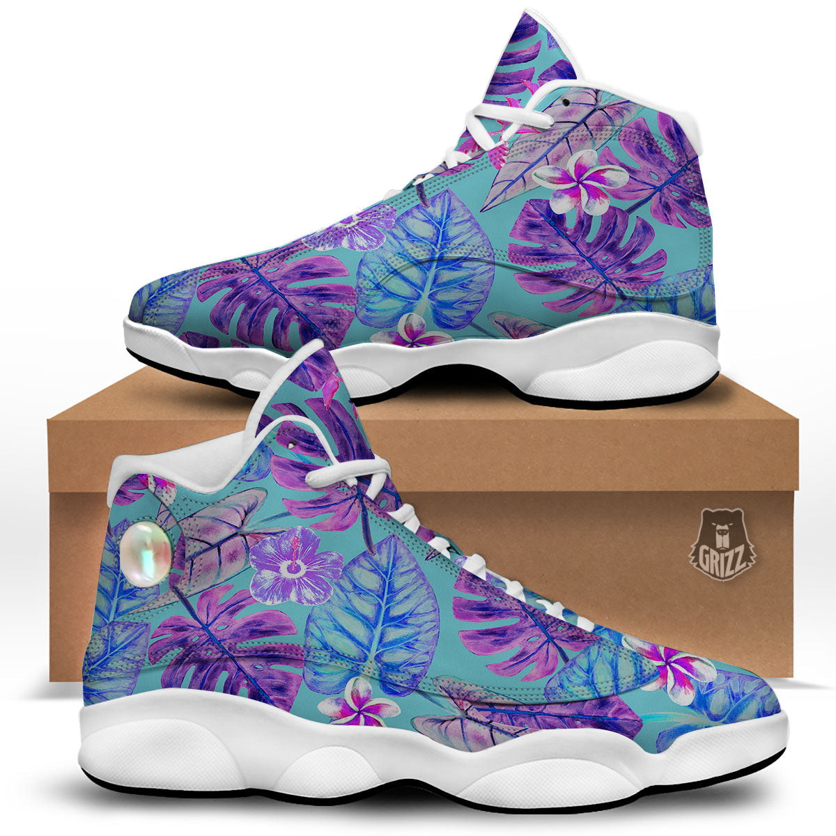 Tropical Leaf Teal And Purple Print White Basketball Shoes-grizzshop