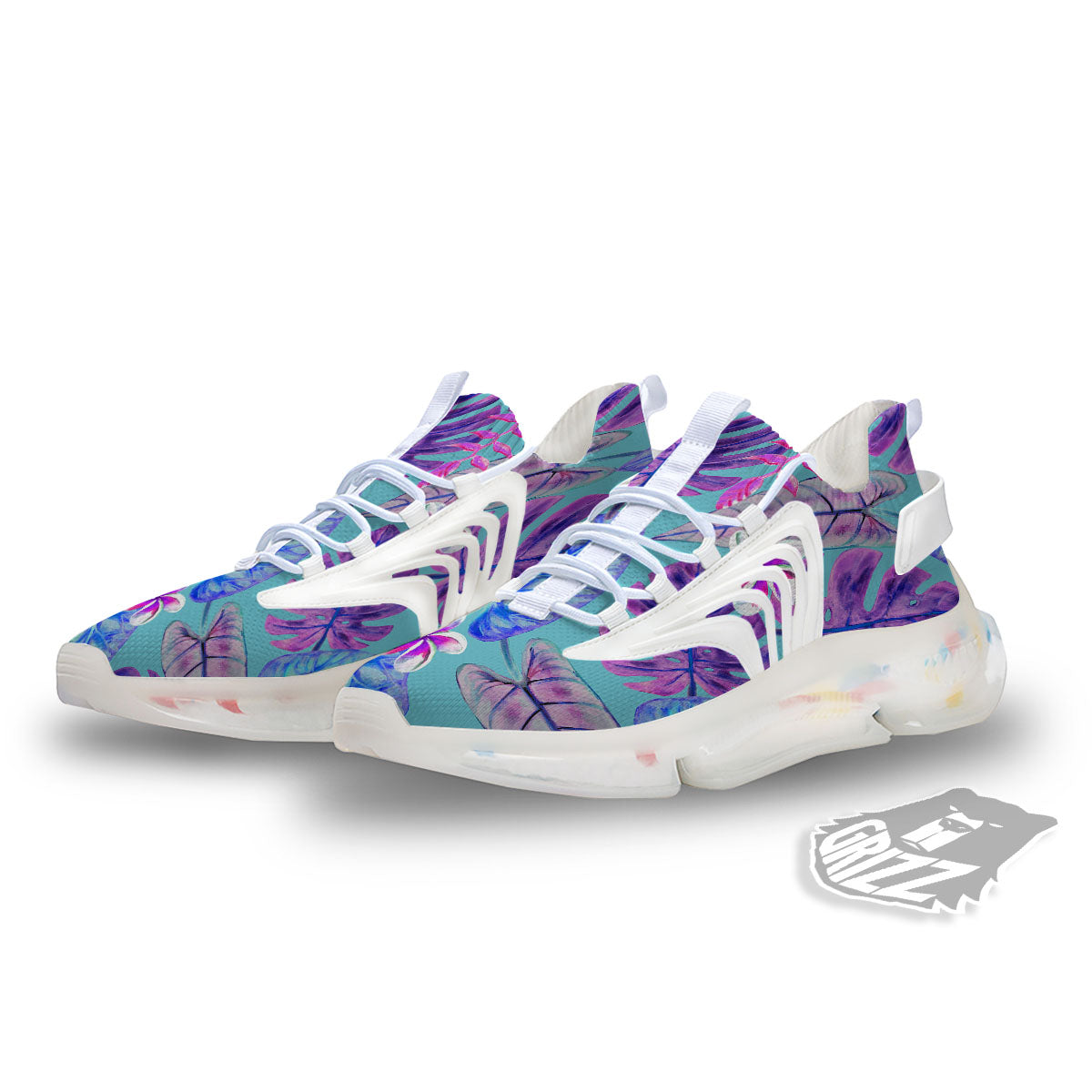 Tropical Leaf Teal And Purple Print White Gym Shoes-grizzshop