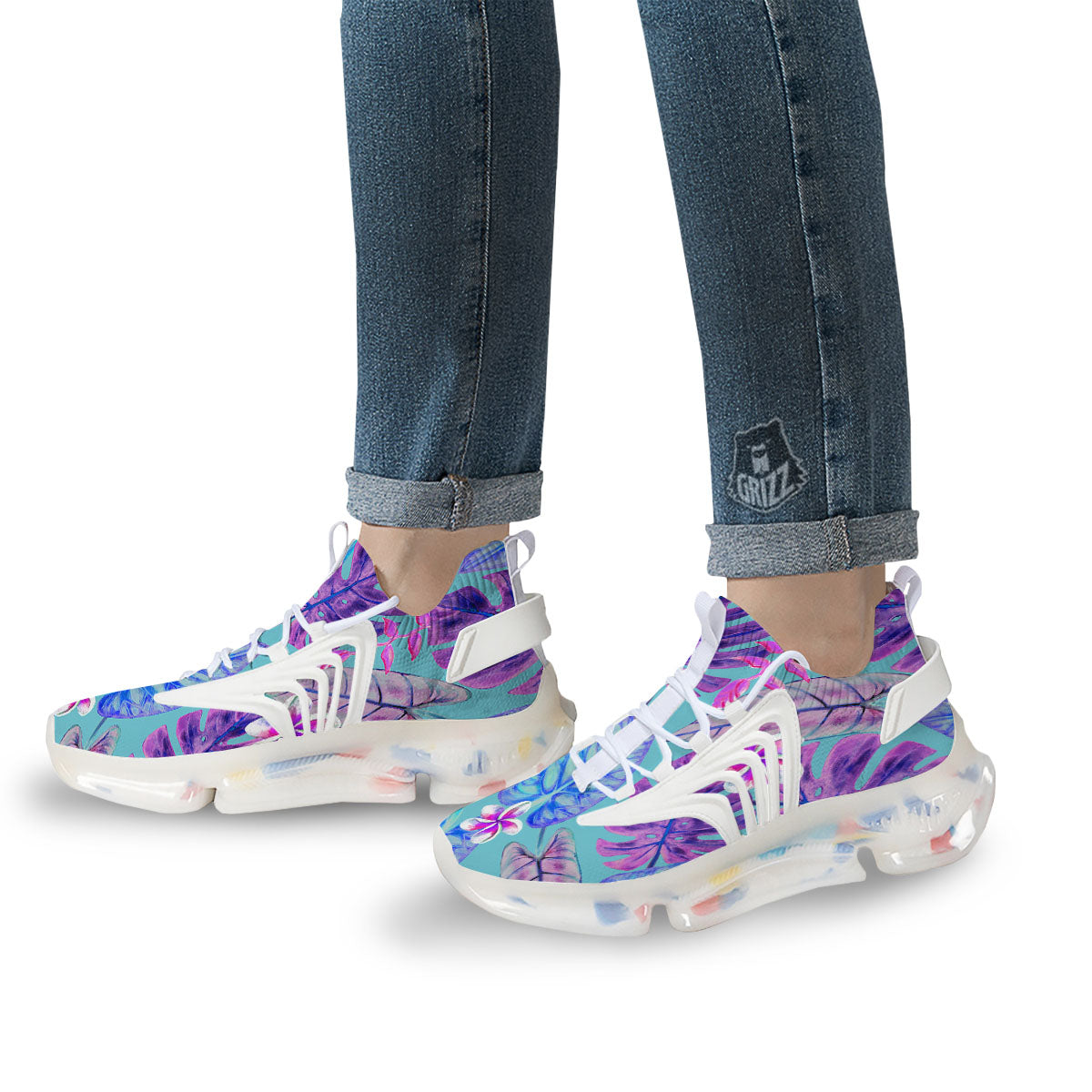 Tropical Leaf Teal And Purple Print White Gym Shoes-grizzshop